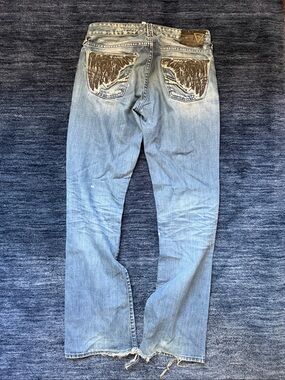 Guess Men's Light Blue Bootcut Jeans with Wing-Detail Pockets